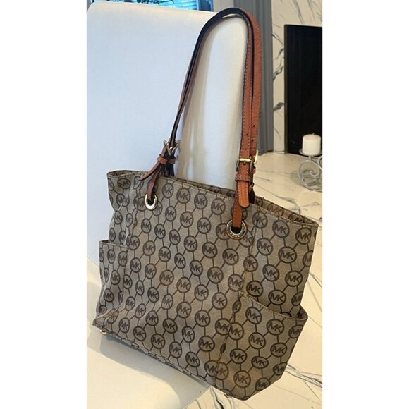 Michael Kors Brown MK Monogram Canvas Shoulder Tote Bag Purse - Picture 3 of 11